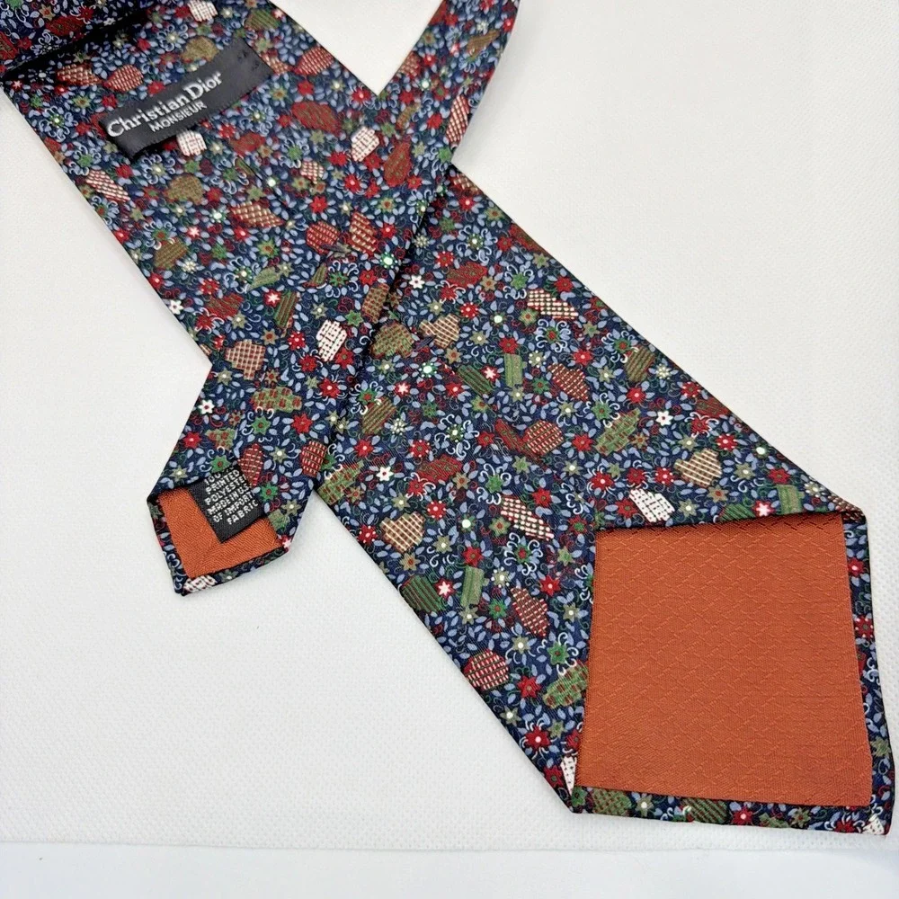 Christian Dior Monsieur Necktie Burgundy Blue Floral Geometric Polyester